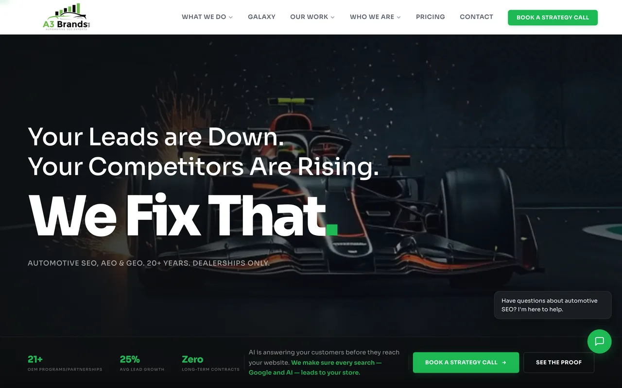 A3 Brands homepage screenshot, SEO and AI search built exclusively for car dealerships
