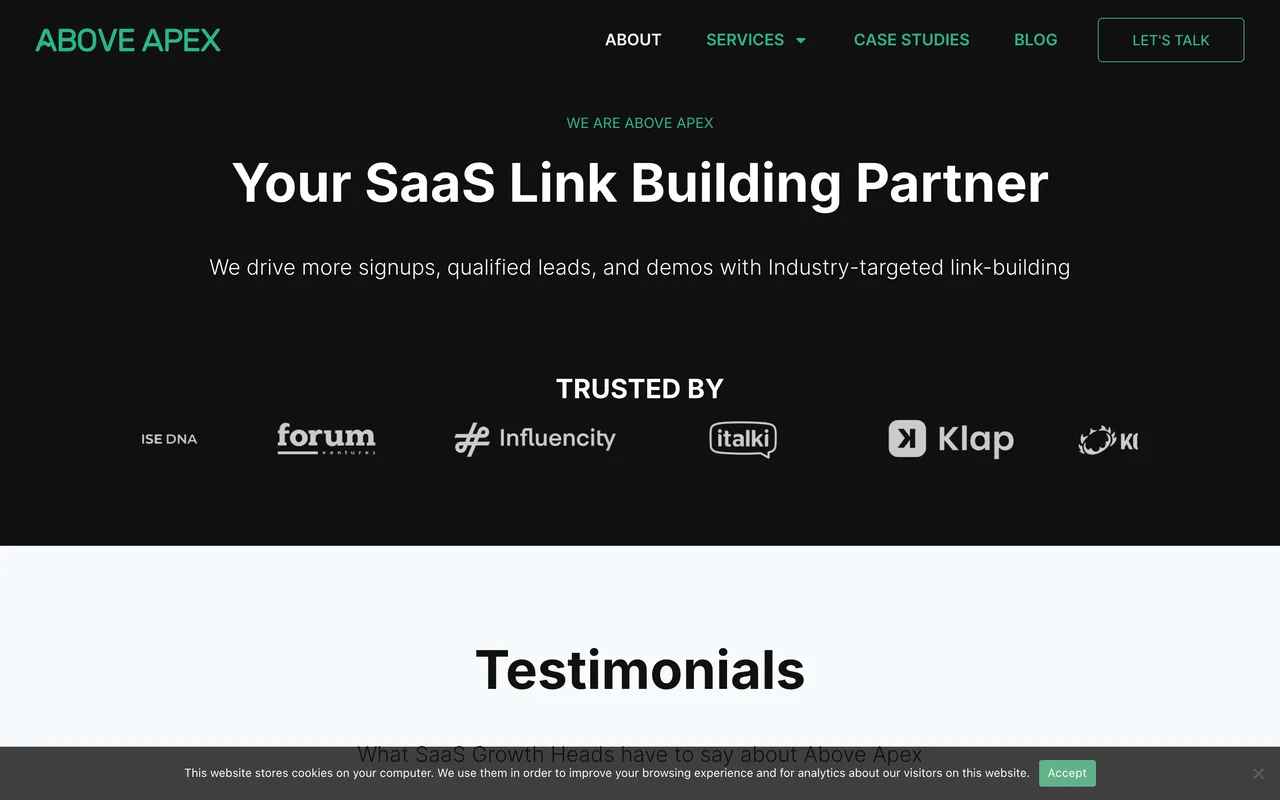 Above Apex homepage screenshot, Off-page SEO and link building for B2B SaaS