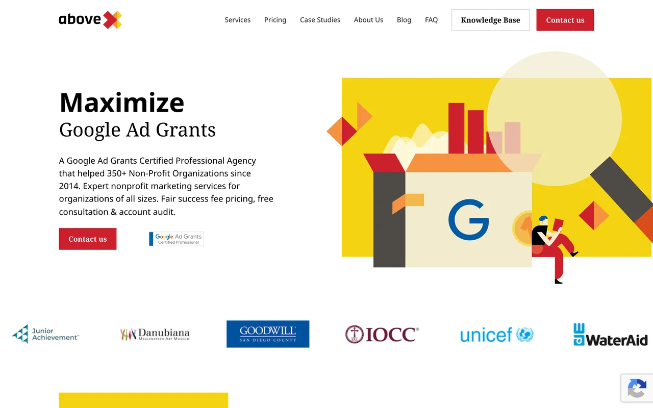 AboveX Digital homepage screenshot, Google Ad Grants Certified Professional agency for nonprofits