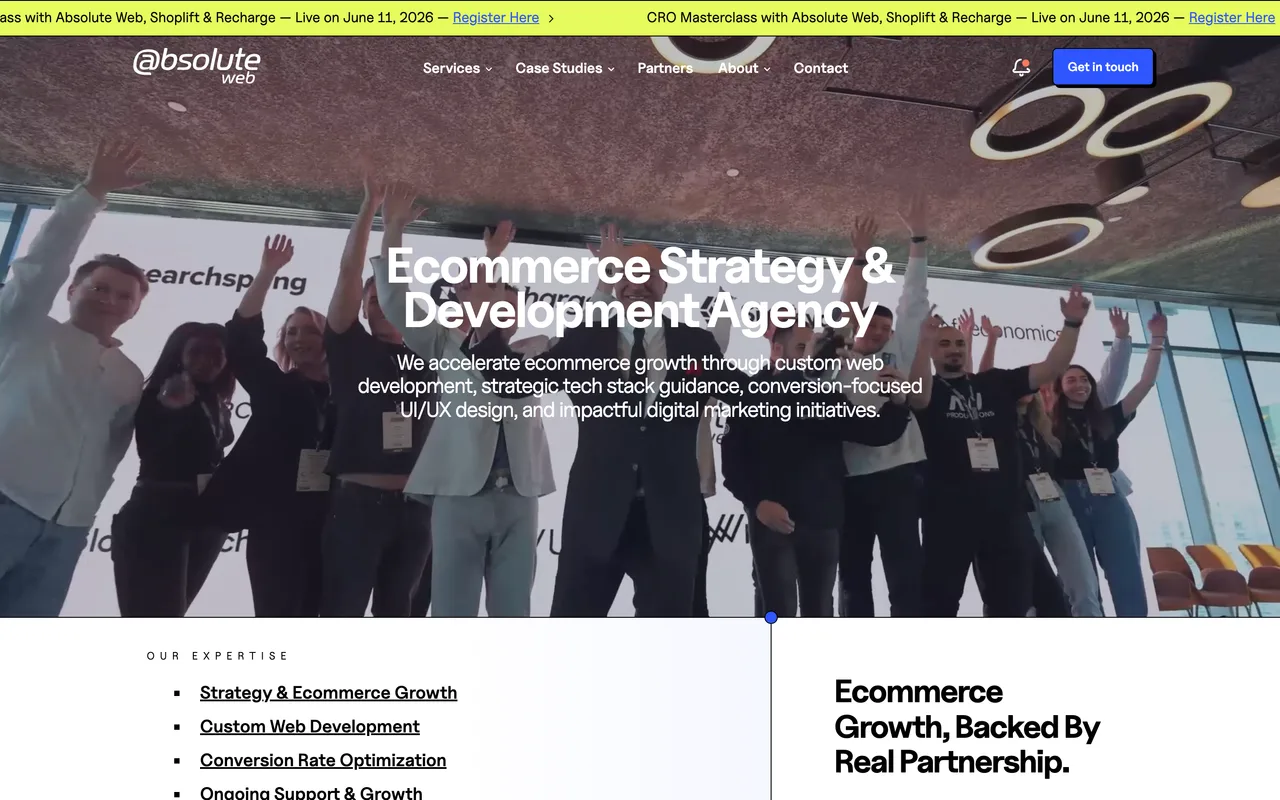 Absolute Web homepage screenshot, Ecommerce development and growth marketing