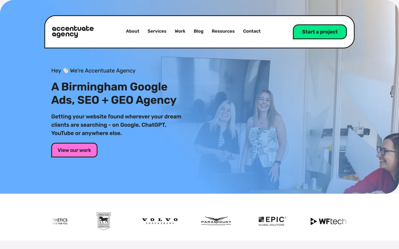 Accentuate Agency homepage screenshot, SEO, GEO and Google Ads