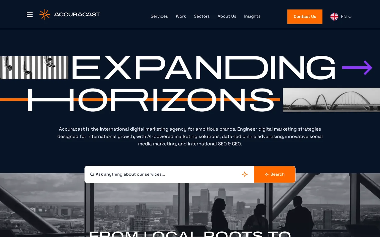 AccuraCast homepage screenshot, Dedicated insurance and finance SEO within a multilingual digital agency