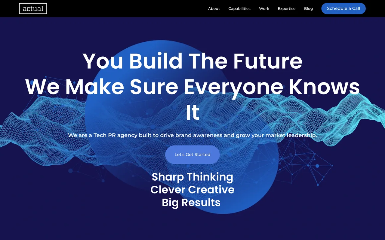 Actual Agency homepage screenshot, B2B SaaS and tech PR