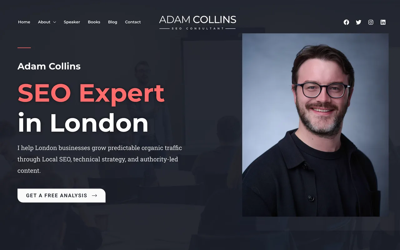 Adam Collins homepage screenshot, Local SEO, technical strategy and authority-led content