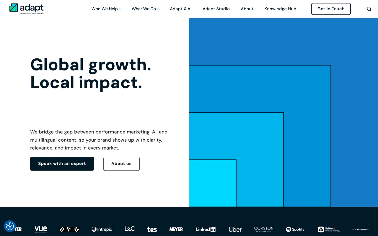 Adapt Worldwide homepage screenshot, Global performance and international organic search