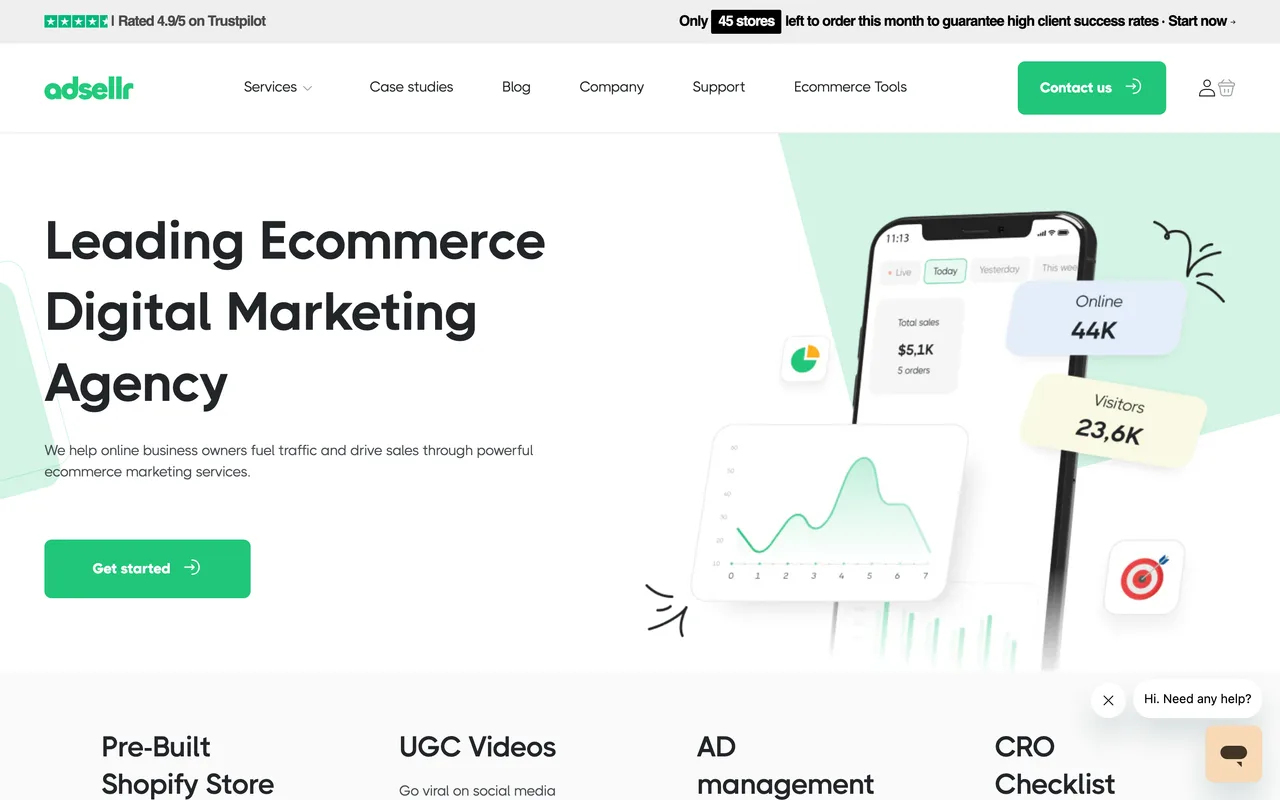Adsellr homepage screenshot, Dropshipping and ecommerce marketing including SEO