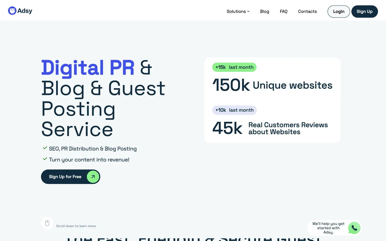 Adsy homepage screenshot, Self-serve guest posting marketplace