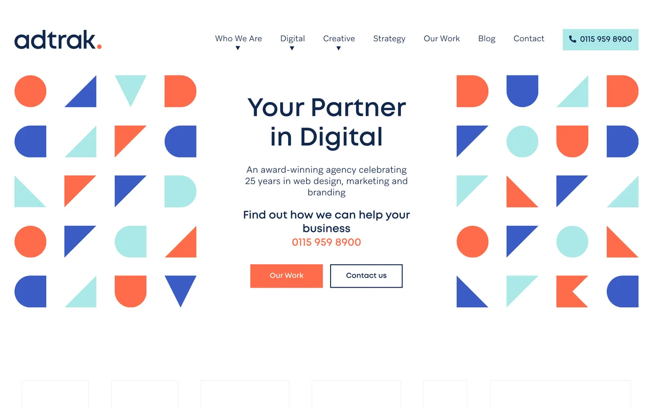 Adtrak homepage screenshot, Design and performance-driven marketing with SEO
