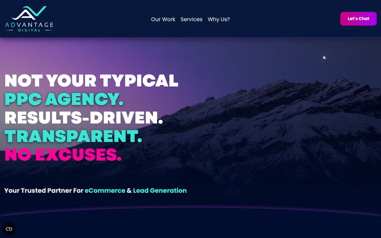 Advantage Digital homepage screenshot, Ecommerce PPC from Google Shopping to Performance Max and paid social