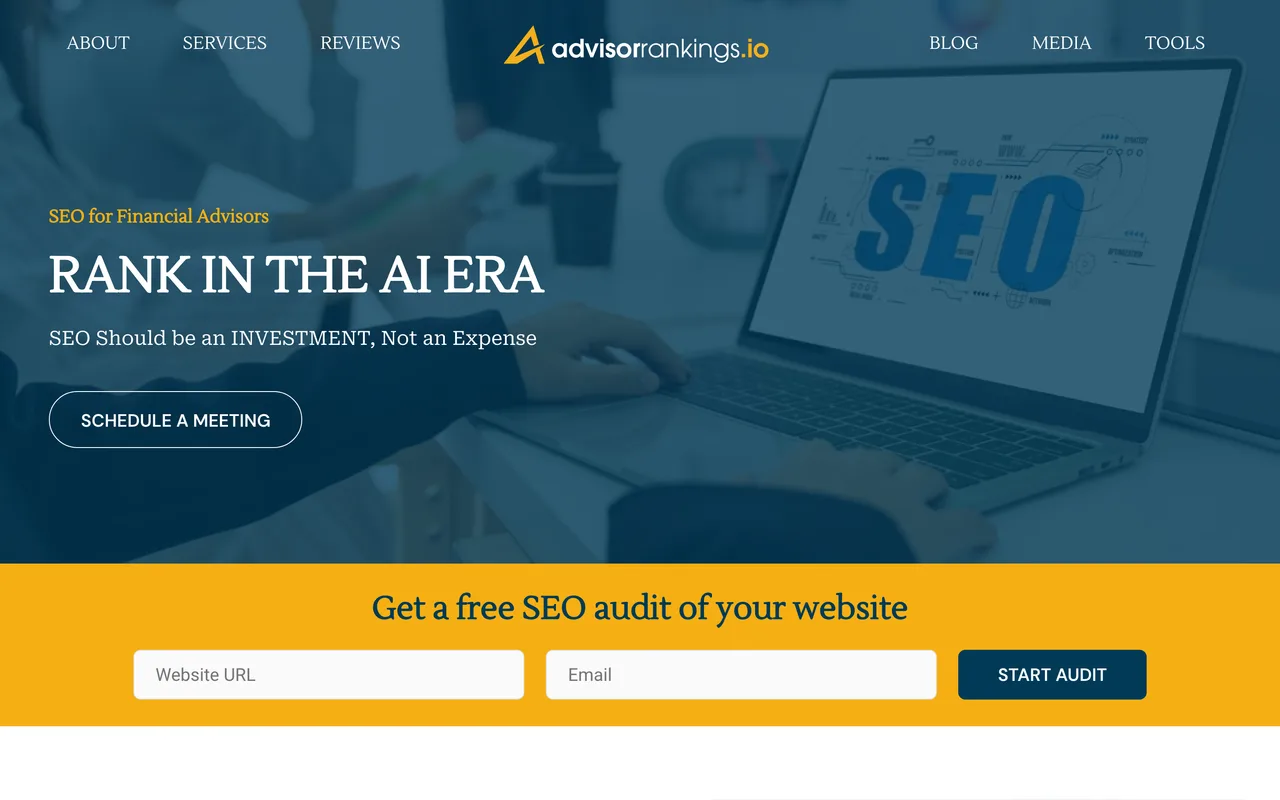 Advisor Rankings homepage screenshot, SEO and AI search optimisation for financial advisors