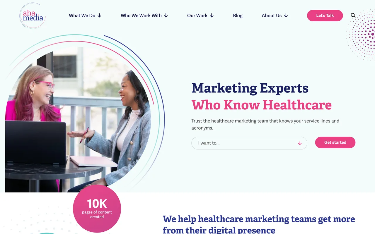 Aha Media Group homepage screenshot, Healthcare and health IT content marketing with SEO