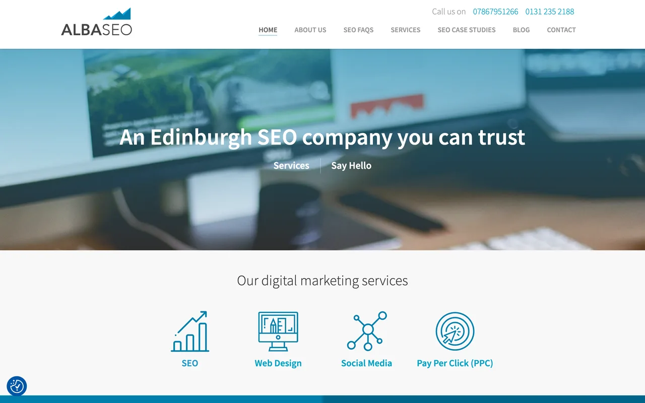 Alba SEO Services homepage screenshot, SEO with complementary digital services