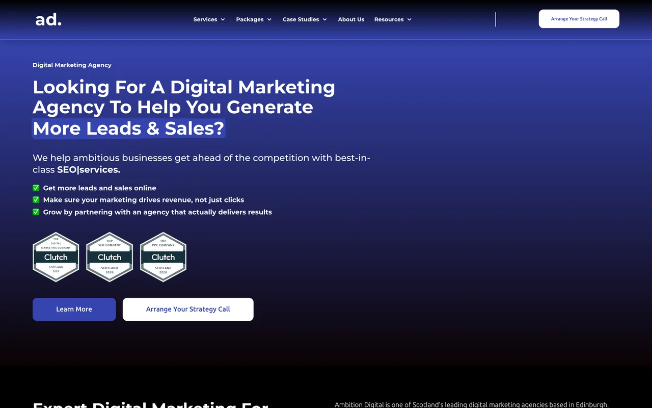 Ambition Digital homepage screenshot, SEO, PPC and web design