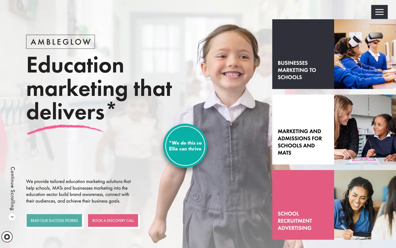 Ambleglow homepage screenshot, Education marketing for schools and MATs, with SEO for Schools