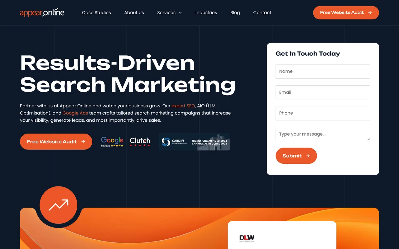 Appear Online homepage screenshot, Search engine marketing and digital PR
