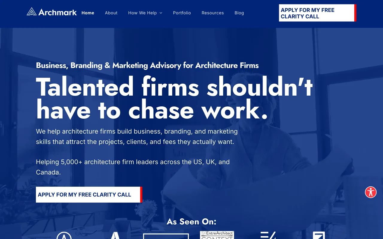 Archmark homepage screenshot, Branding and marketing exclusively for architecture firms