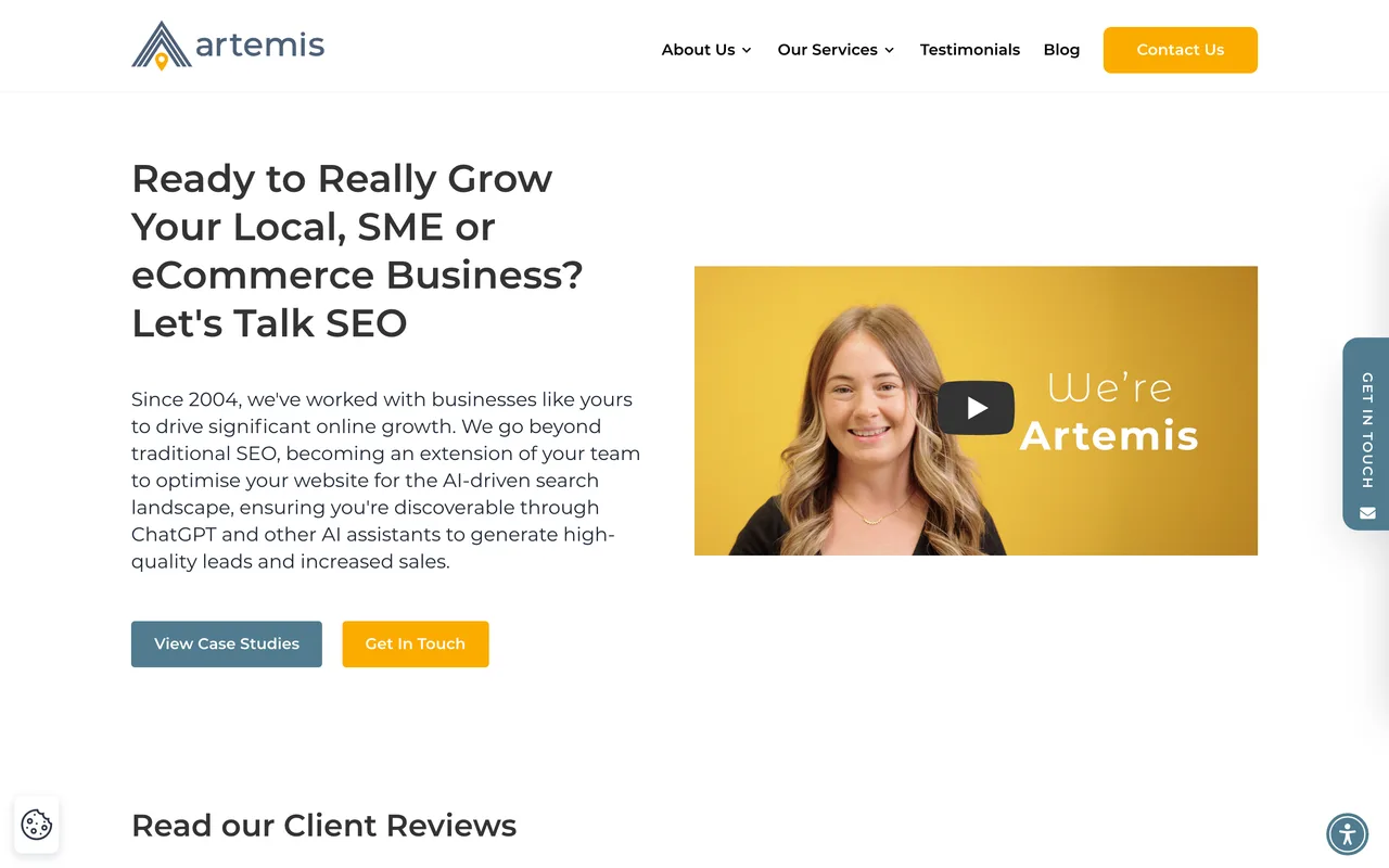 Artemis Marketing homepage screenshot, SEO and digital marketing with a dedicated accountants service