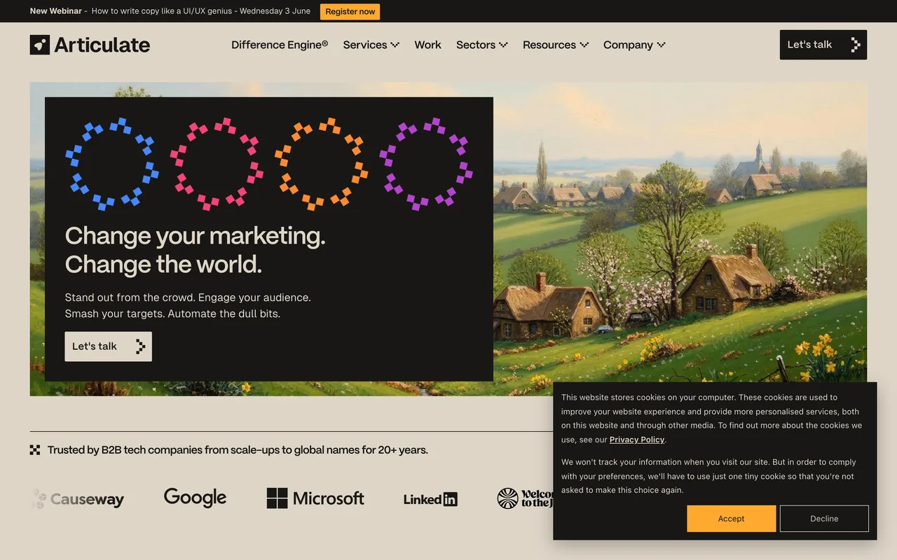 Articulate Marketing homepage screenshot, B2B tech content marketing