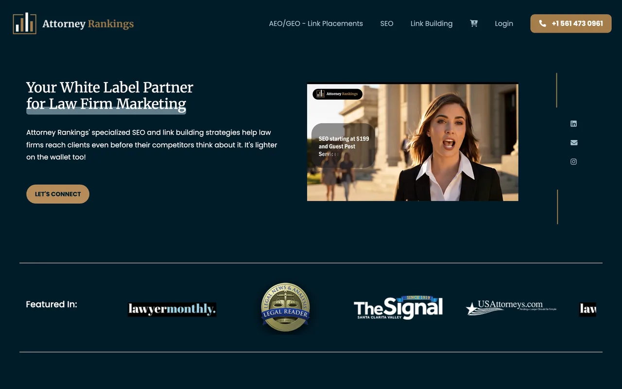 Attorney Rankings homepage screenshot, White-label law firm SEO and legal link building