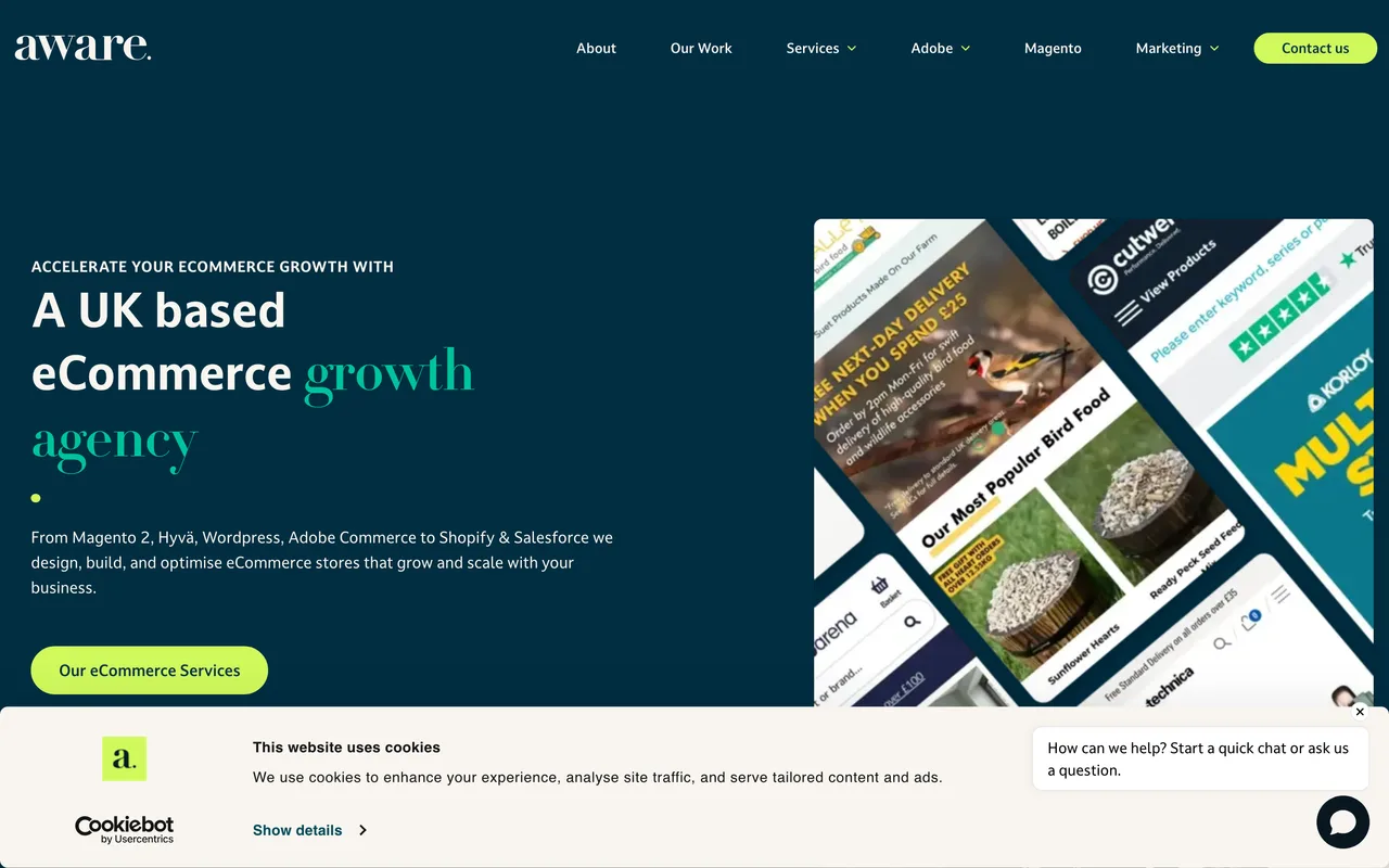 Aware Digital homepage screenshot, Magento and Adobe Commerce SEO