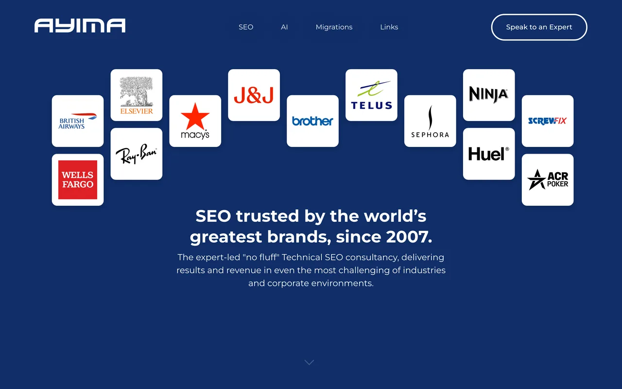 Ayima homepage screenshot, Enterprise technical SEO and platform migrations