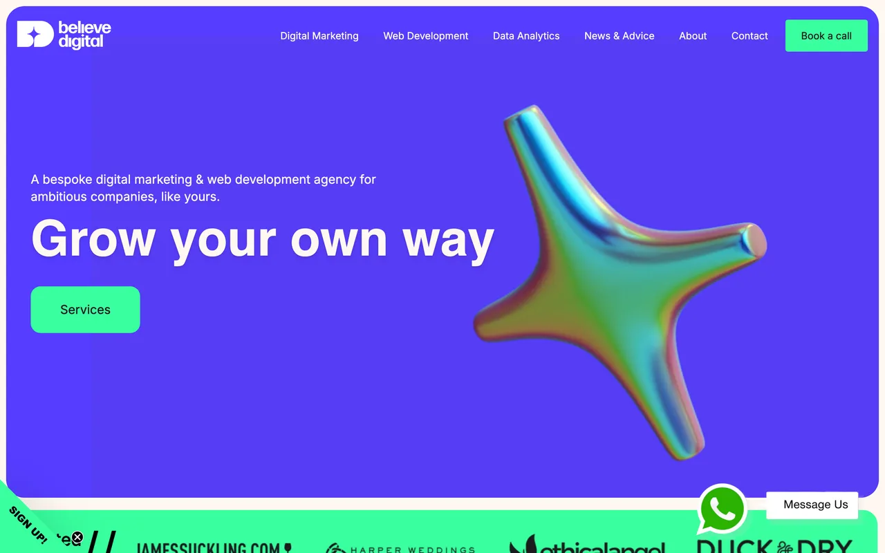 believe.digital homepage screenshot, SEO and performance marketing