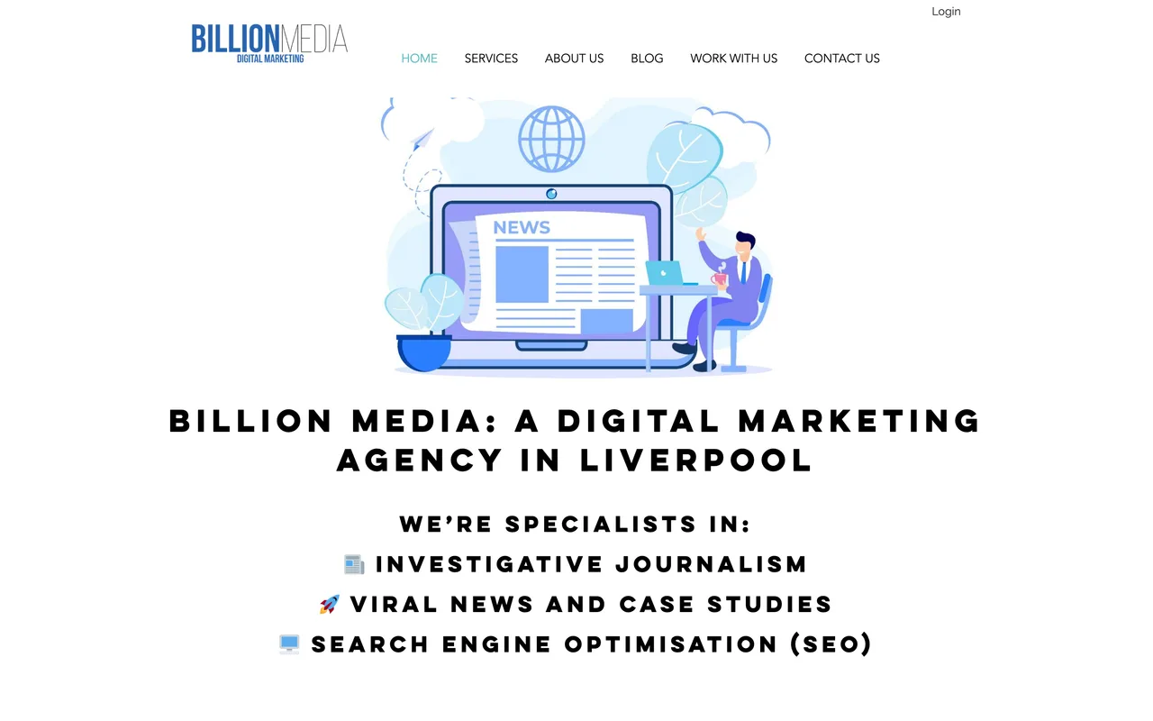 Billion Media homepage screenshot, SEO with digital PR and journalism