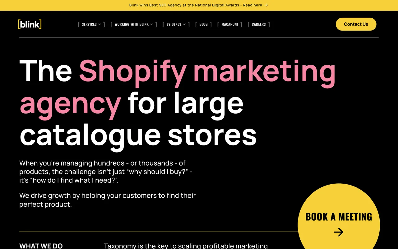 Blink homepage screenshot, Shopify SEO for large-catalogue stores