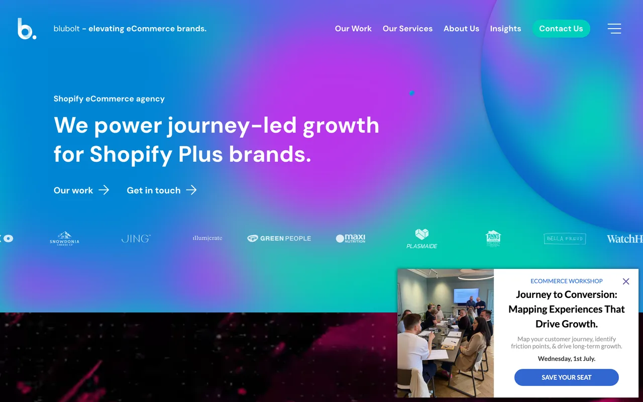 Blubolt homepage screenshot, Shopify Plus design, build and growth