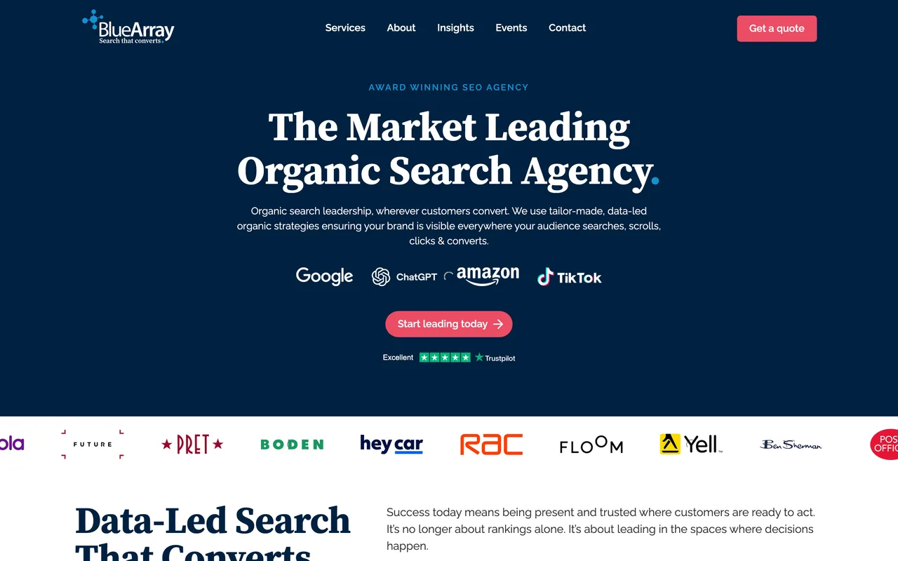 Blue Array homepage screenshot, Specialist organic search, GEO and digital PR