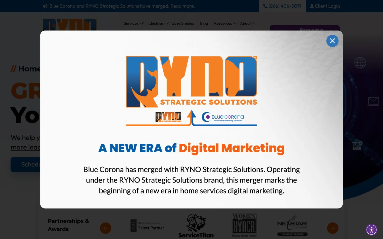 Blue Corona homepage screenshot, Home services PPC and Local Services Ads