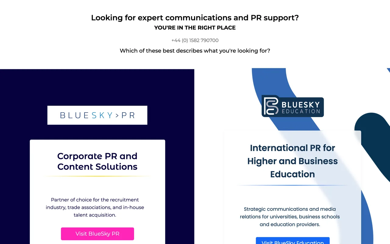BlueSky PR homepage screenshot, Recruitment marketing, PR and SEO content