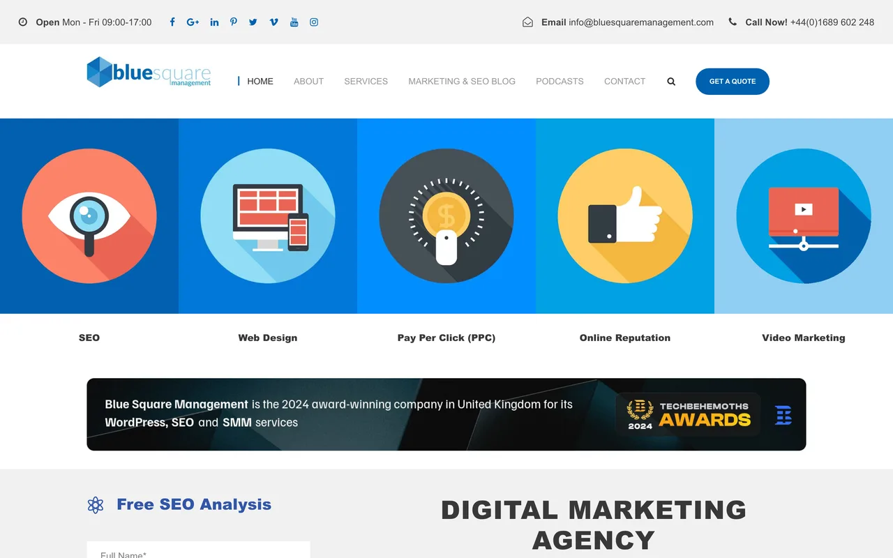 Blue Square Management homepage screenshot, Digital marketing with a dedicated roofers offer