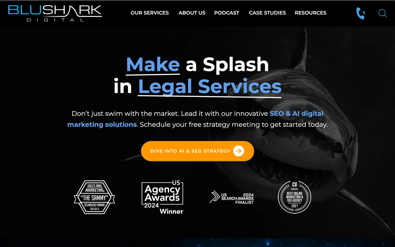 BluShark Digital homepage screenshot, Legal SEO with authoritative link building