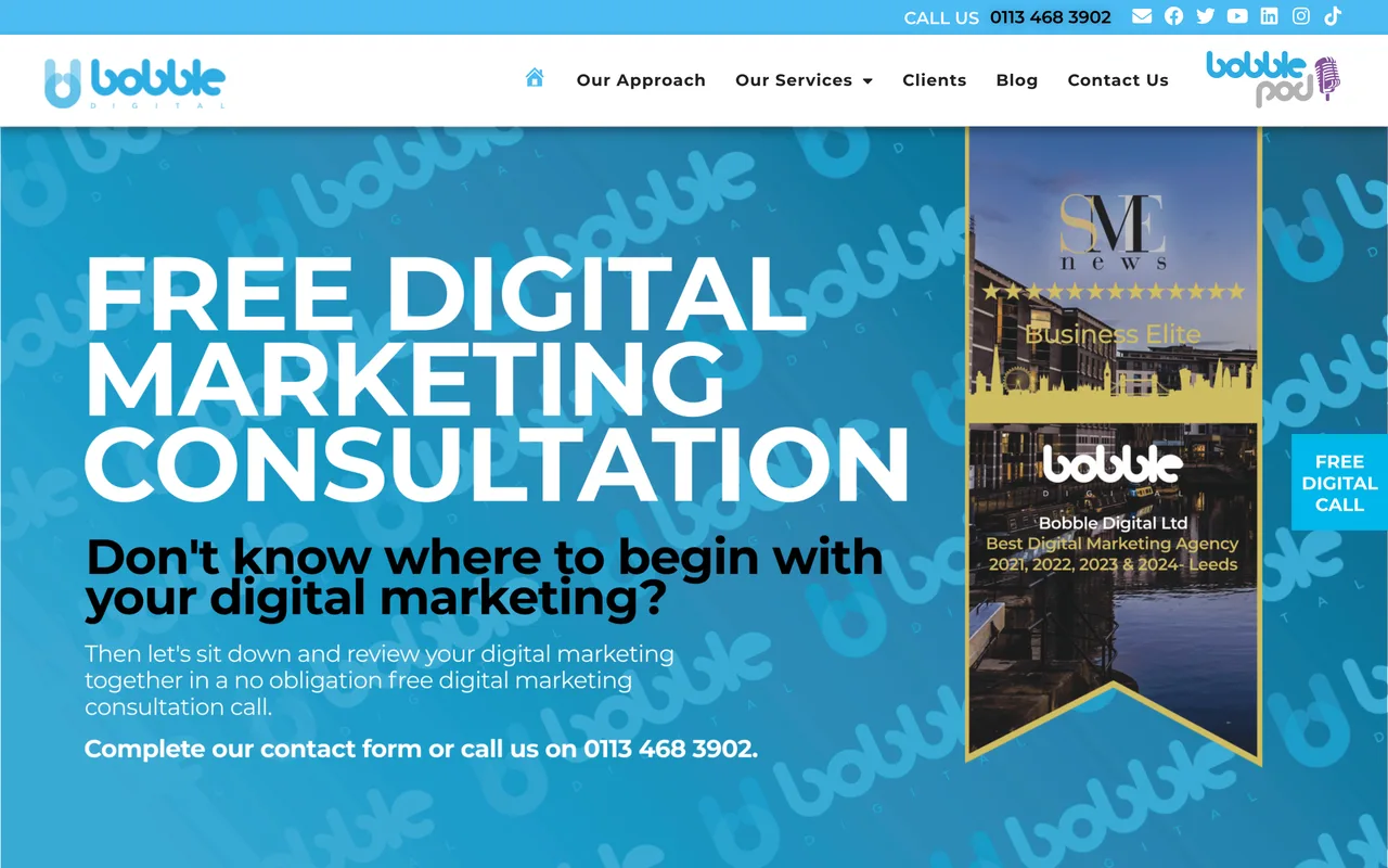 Bobble Digital homepage screenshot, SEO and full-channel digital marketing
