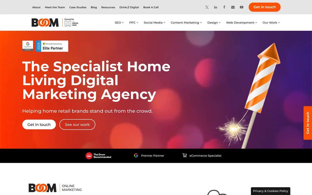 Boom Online Marketing homepage screenshot, Ecommerce SEO for the home living sector, including WooCommerce