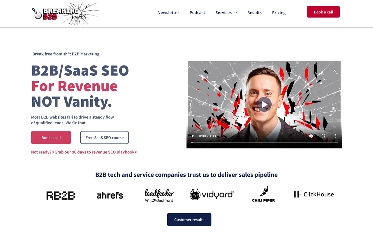 Breaking B2B homepage screenshot, B2B and fintech SEO for revenue