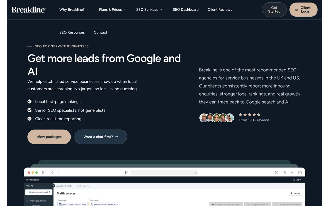 Breakline homepage screenshot, Local service business SEO