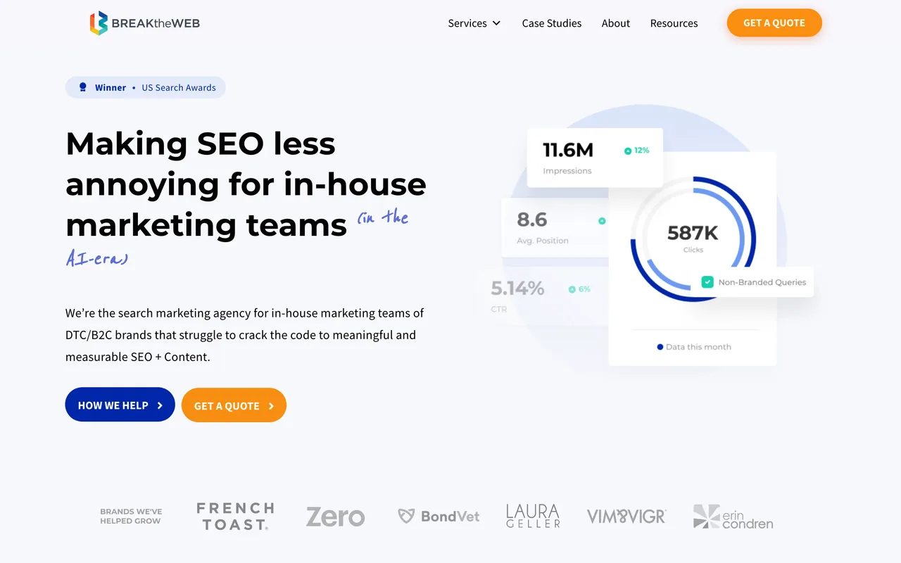 Break The Web homepage screenshot, SEO and content for beauty and cosmetics brands