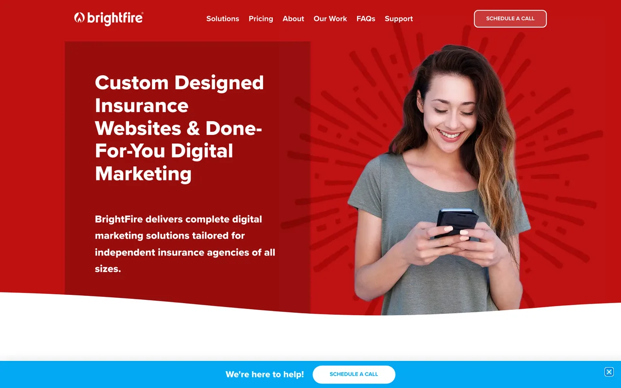 BrightFire homepage screenshot, SEO and digital marketing built only for independent insurance agencies
