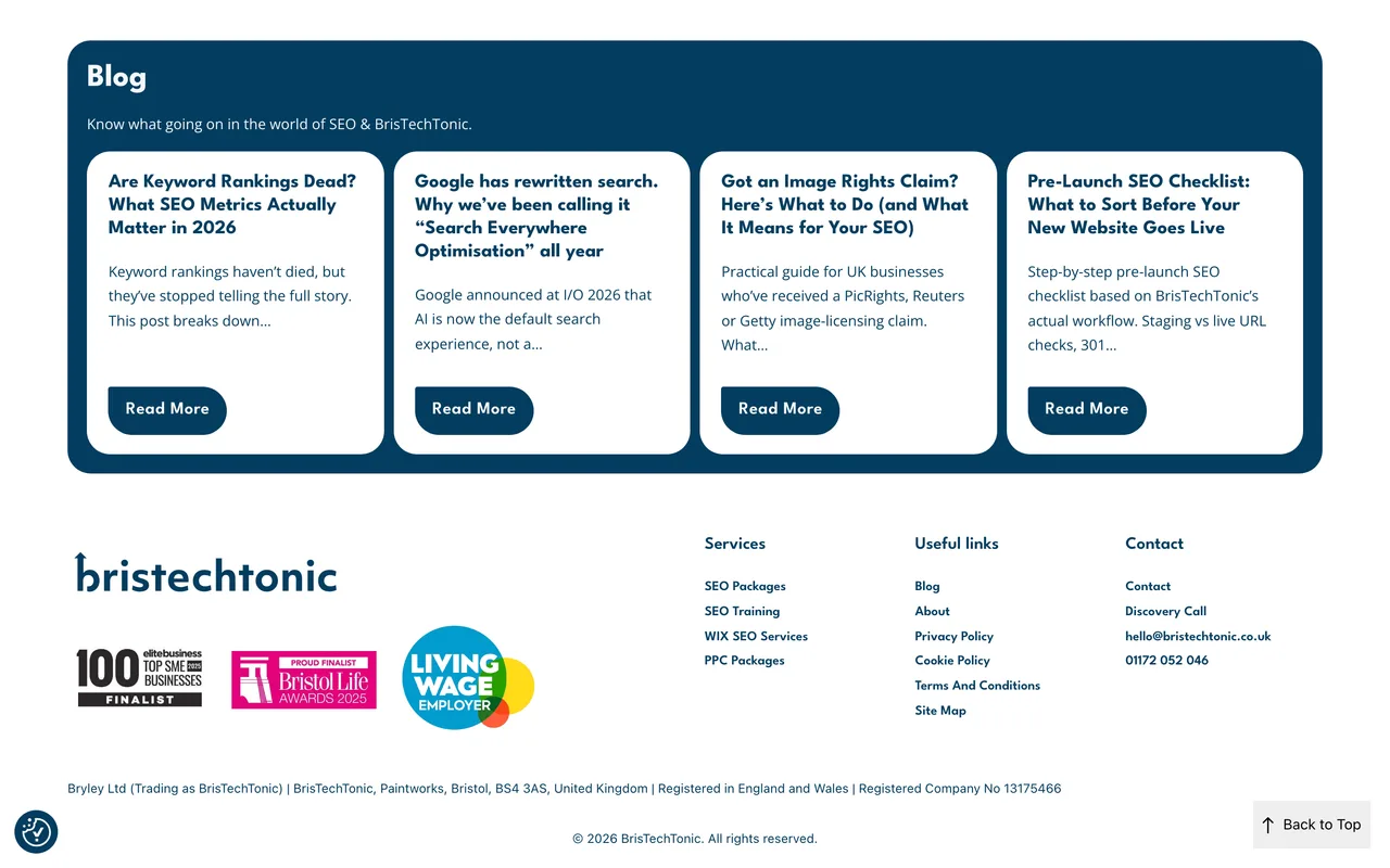 BrisTechTonic homepage screenshot, SEO built for AI search