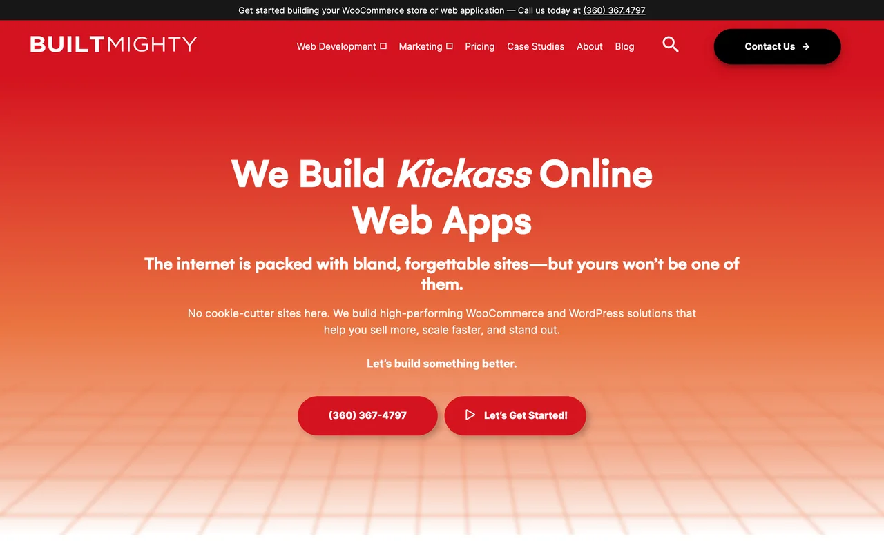 Built Mighty homepage screenshot, WordPress and WooCommerce development and SEO