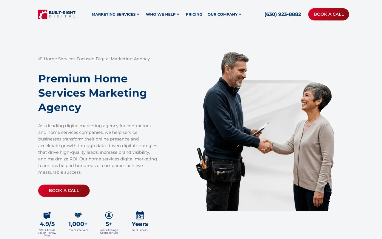 Built Right Digital homepage screenshot, Home services SEO and paid advertising
