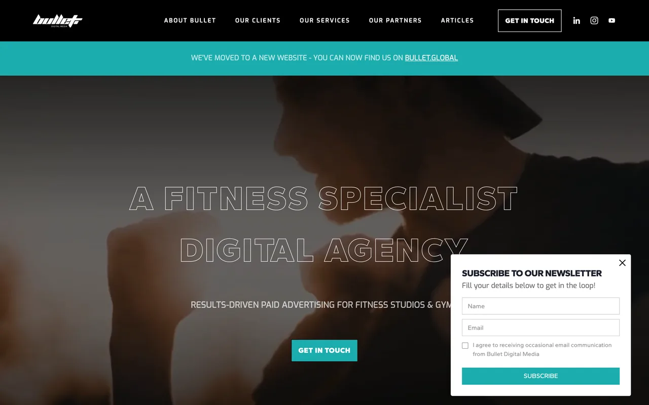 Bullet Digital Media homepage screenshot, Fitness paid advertising and digital marketing