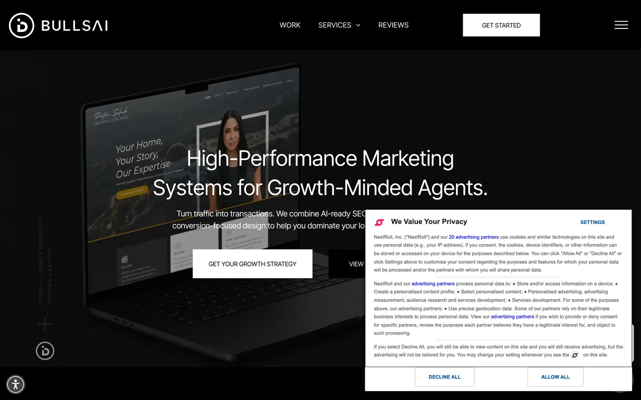 Bullsai homepage screenshot, Google Ads management for real estate agents