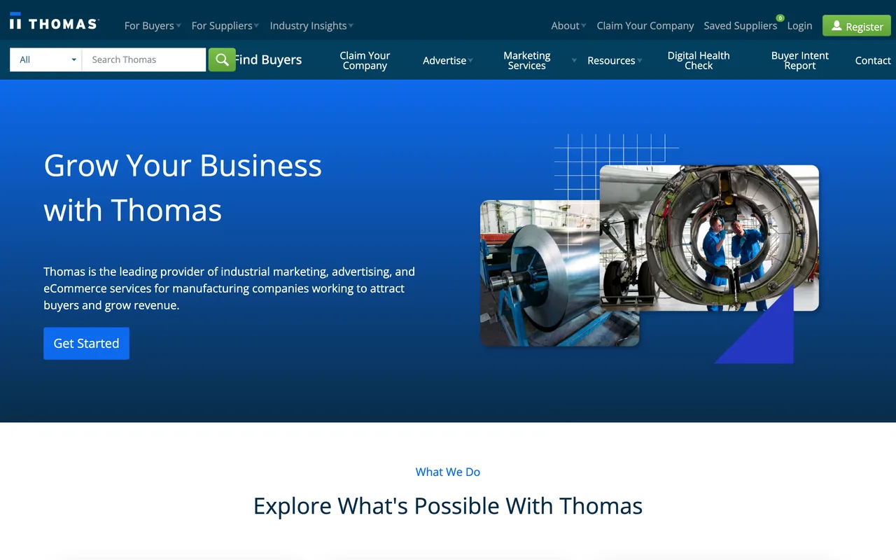 Thomas (Thomasnet) homepage screenshot, Industrial marketing and SEO for manufacturers
