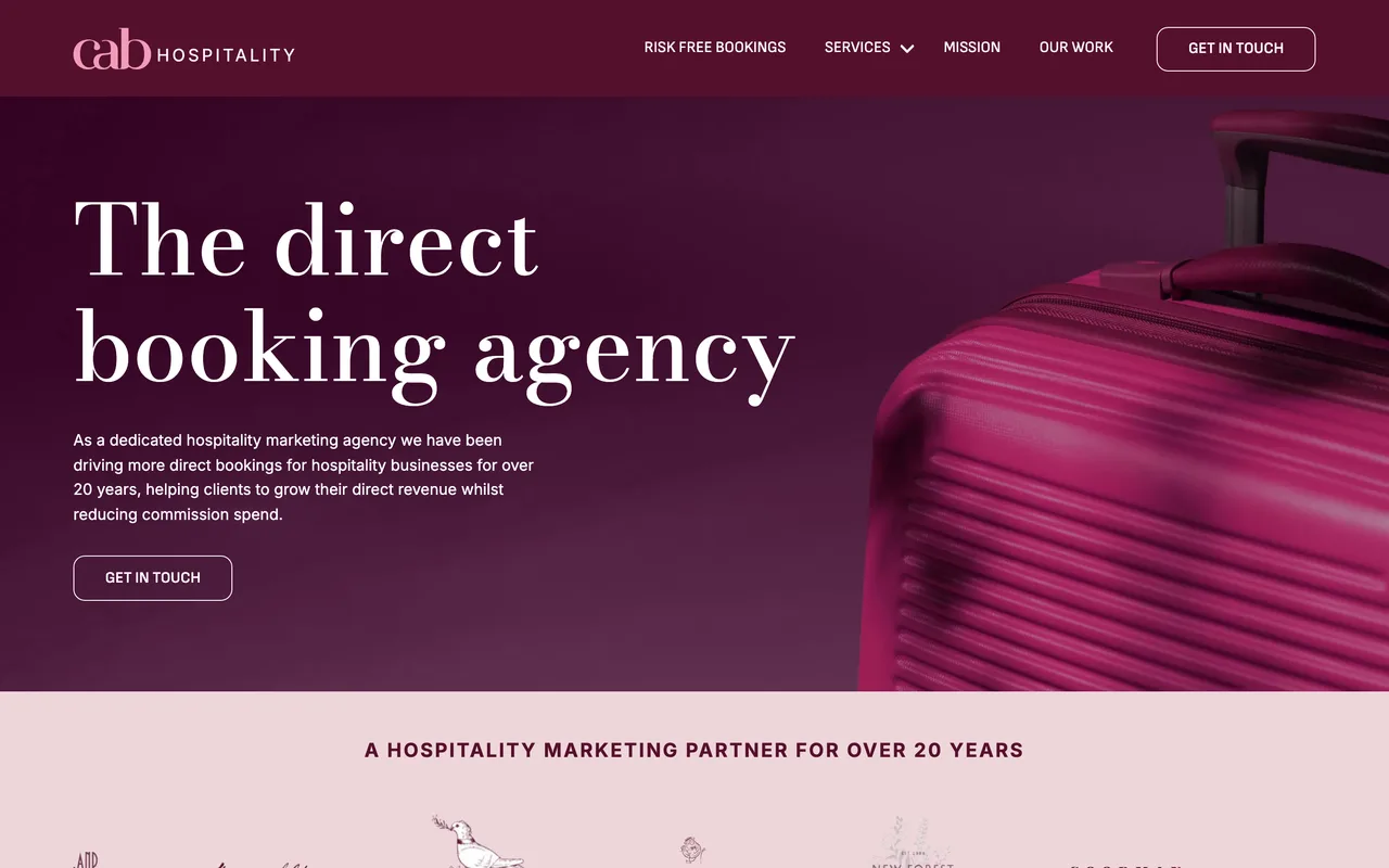 CAB Hospitality homepage screenshot, Restaurant and hotel web design plus direct-booking marketing