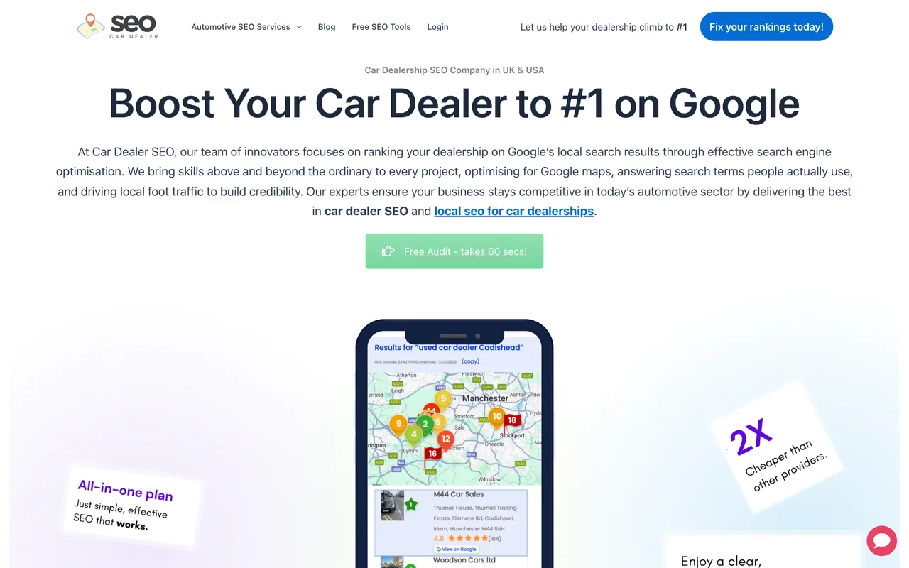 Car Dealer SEO homepage screenshot, SEO specialist for car dealerships