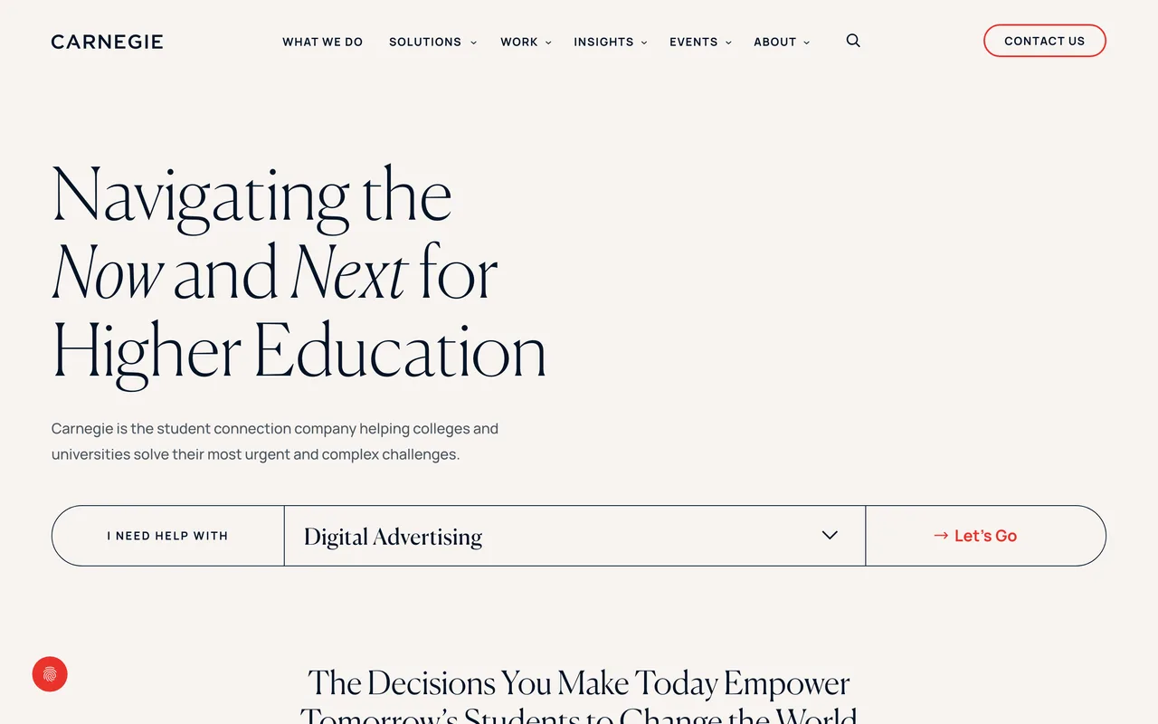 Carnegie homepage screenshot, Higher education enrollment marketing with SEO