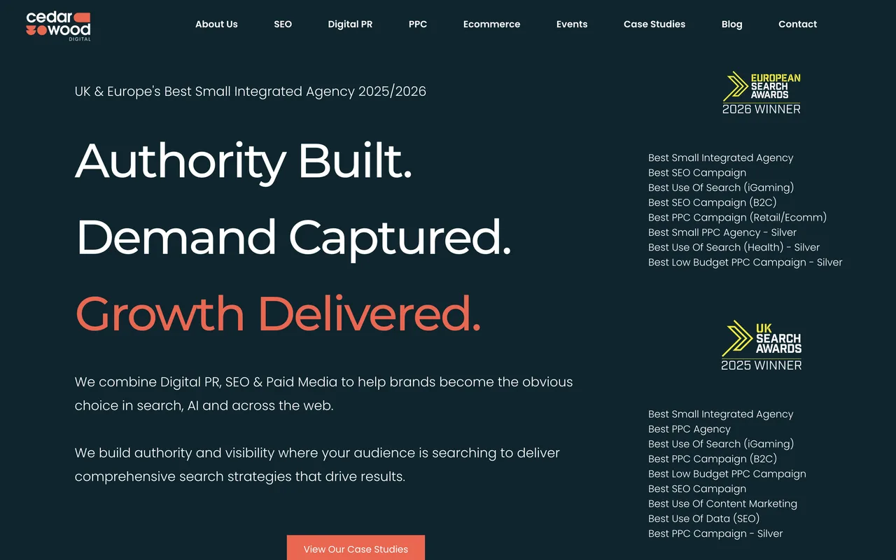 Cedarwood Digital homepage screenshot, SEO, digital PR and paid media